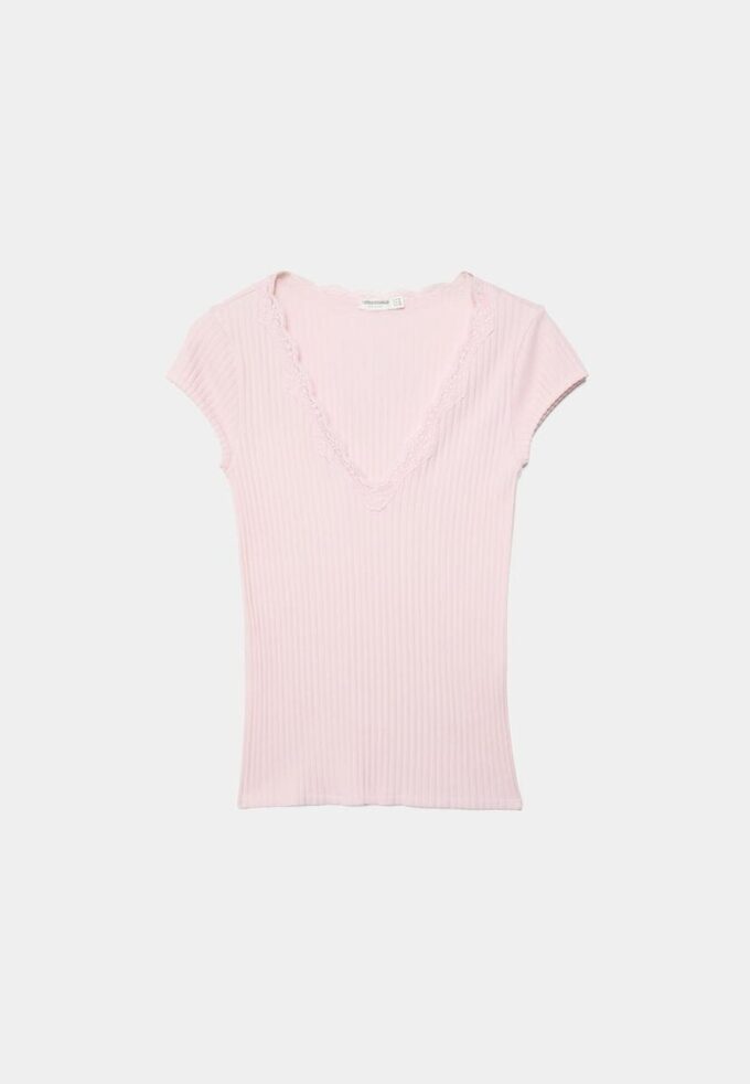 V-Neck Lace Short Sleeve T-Shirt