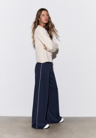 Wide-Leg Plush Trousers with Trim Detail