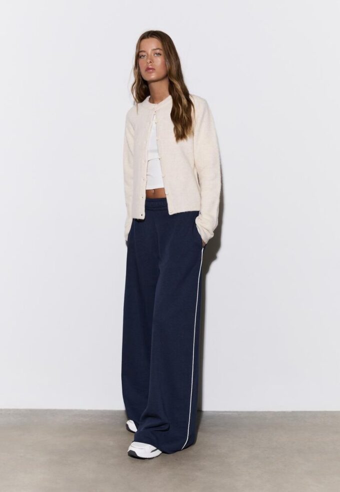 Wide-Leg Plush Trousers with Trim Detail Wide-Leg Plush Trousers with Trim Detail